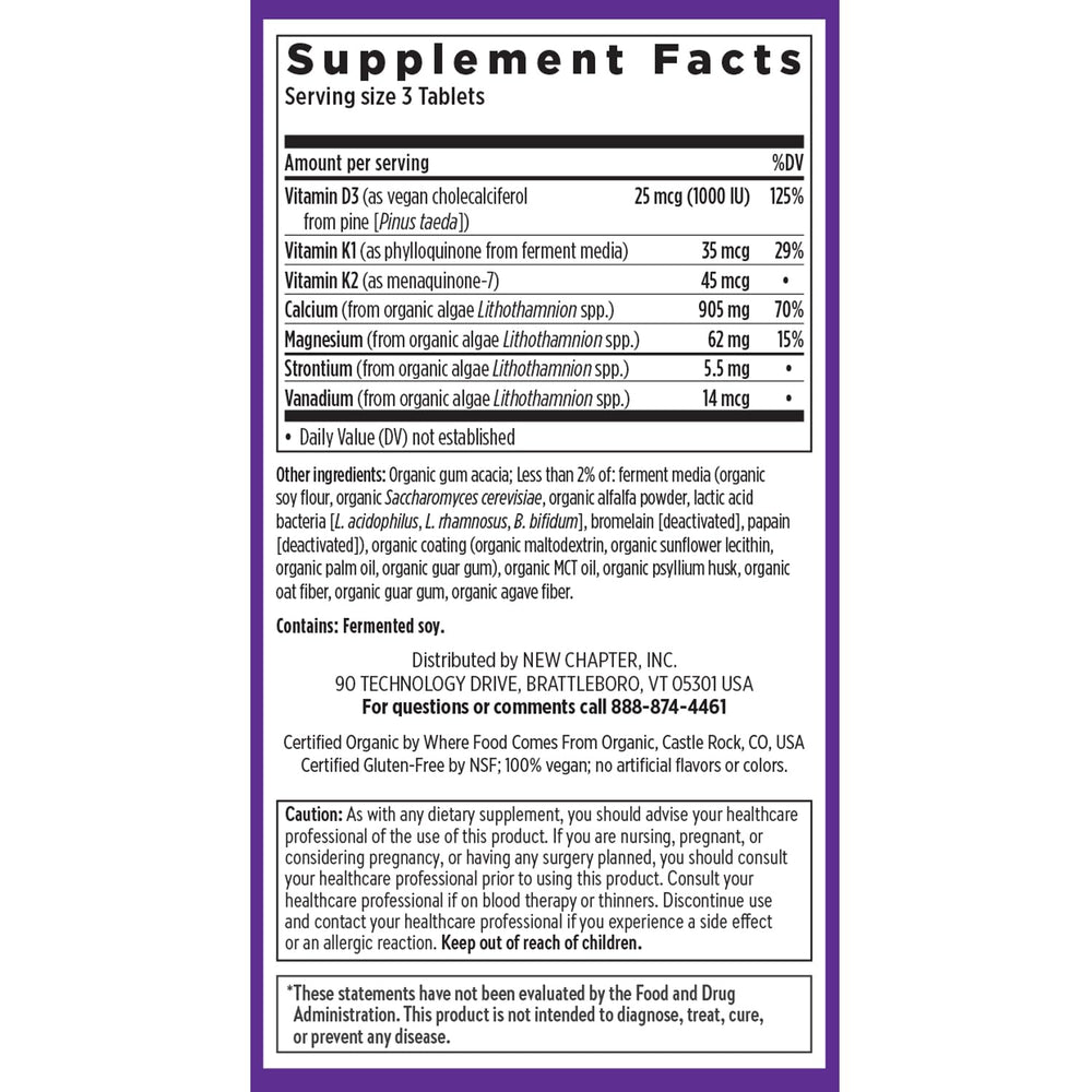 New Chapter calcium supplement D3-K2 visual emphasizes vitamin pairing for bone support.
