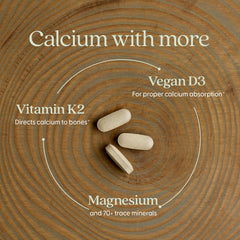 New Chapter calcium supplement label icons show organic, vegan, and non-GMO certifications for trust.
