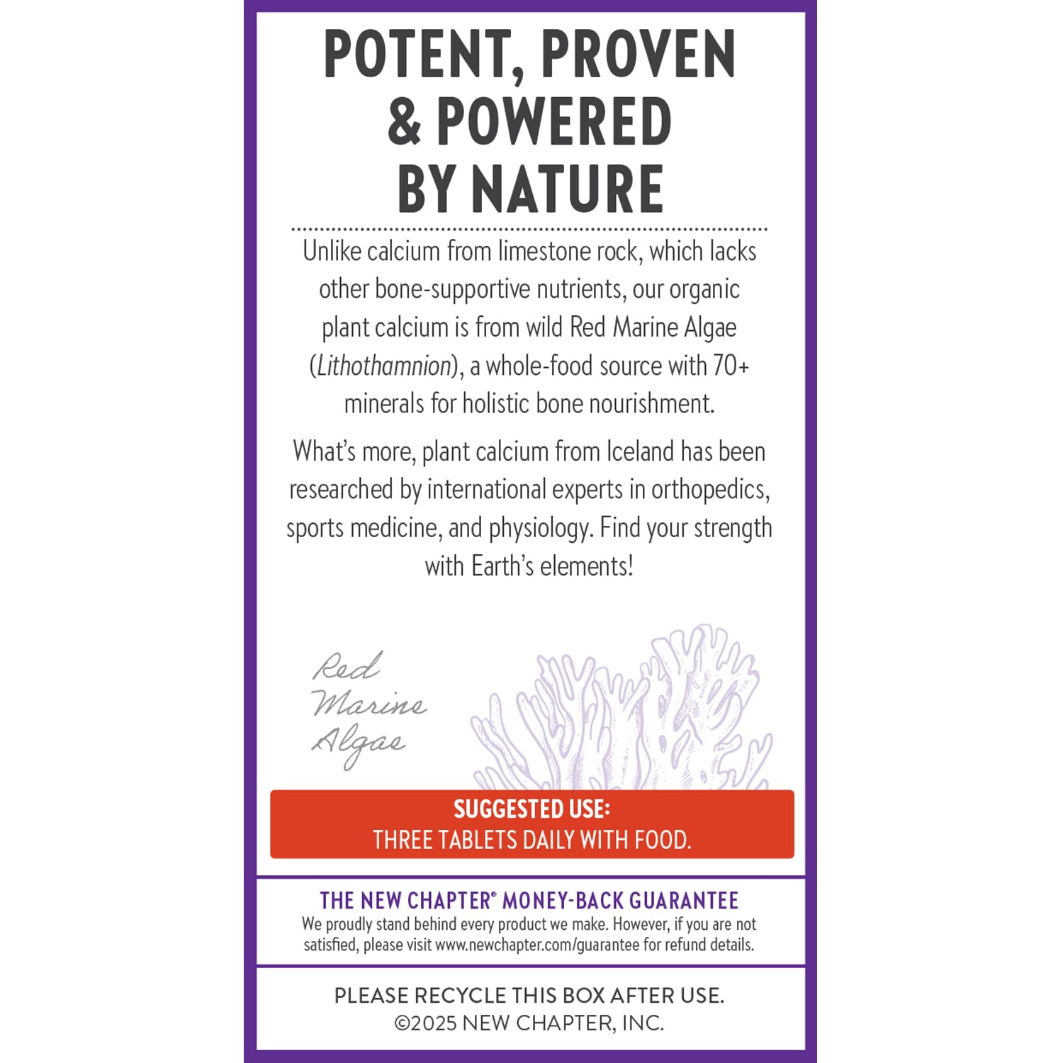 New Chapter calcium supplement organic plant-based icon emphasizes sustainable farming and purity.