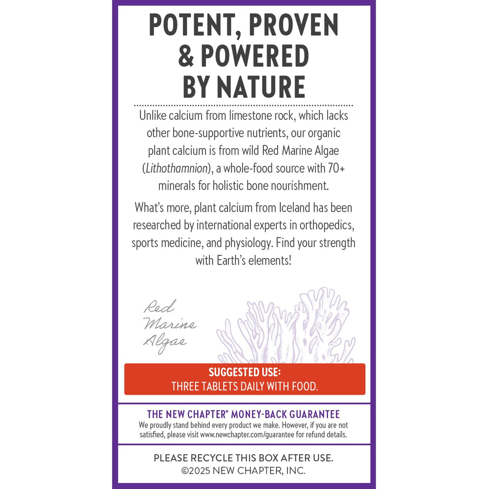 New Chapter calcium supplement organic plant-based icon emphasizes sustainable farming and purity.