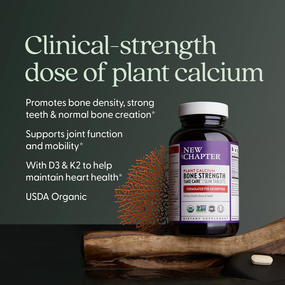 New Chapter calcium supplement tablets closeup, slim tablets for easy swallowing.