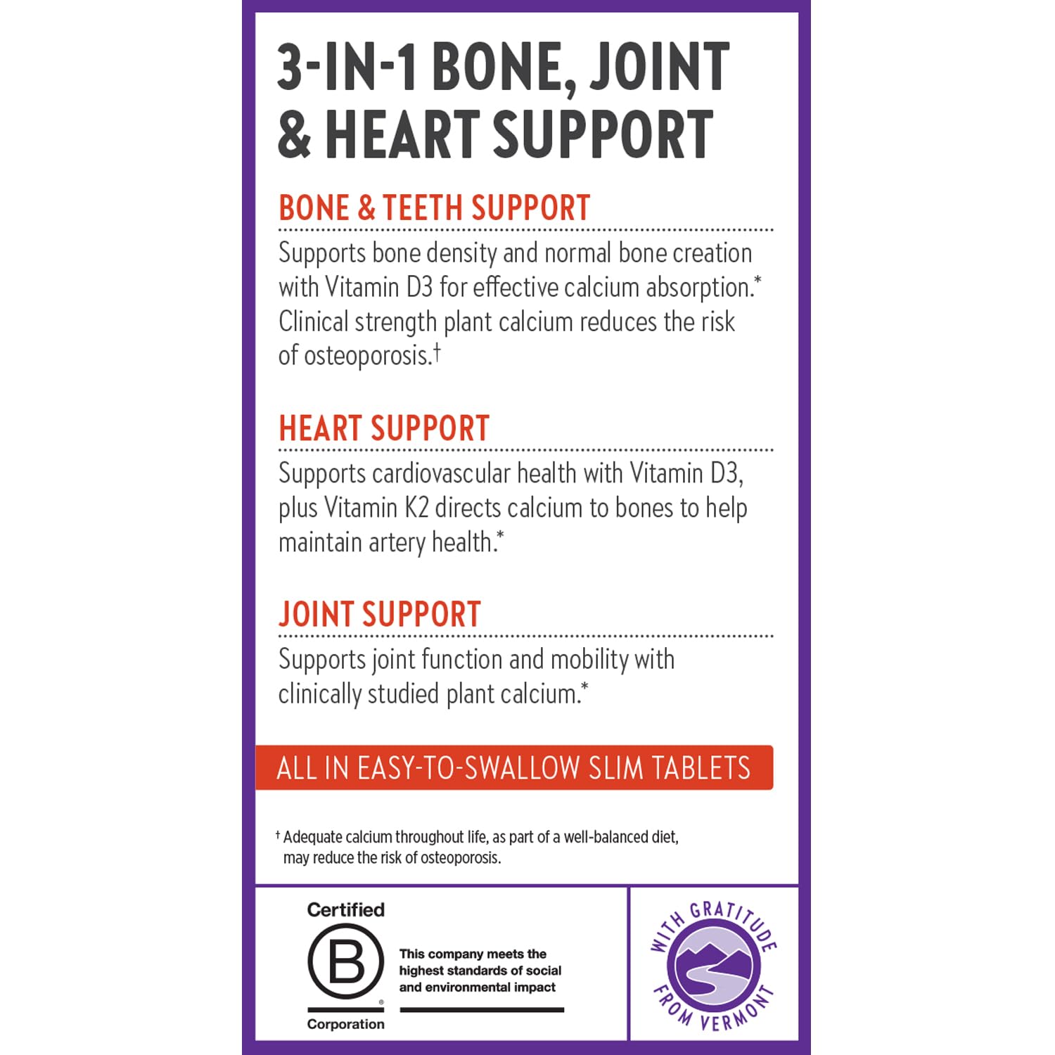 New Chapter calcium supplement vegan-friendly icons emphasize allergen-free and plant-based sourcing.