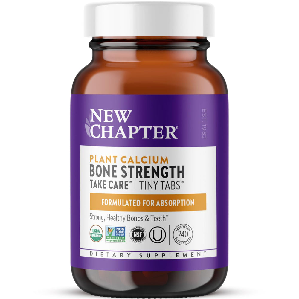 New Chapter Calcium Tiny Tabs bottle showing plant-based calcium for daily bone health