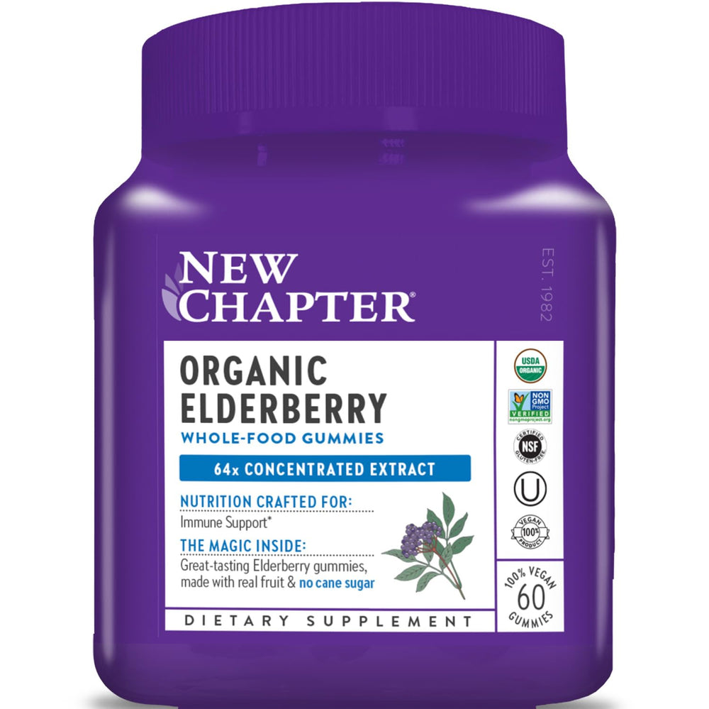 New Chapter Elderberry Gummies bottle highlighting 64x concentrated elderberries for immune support