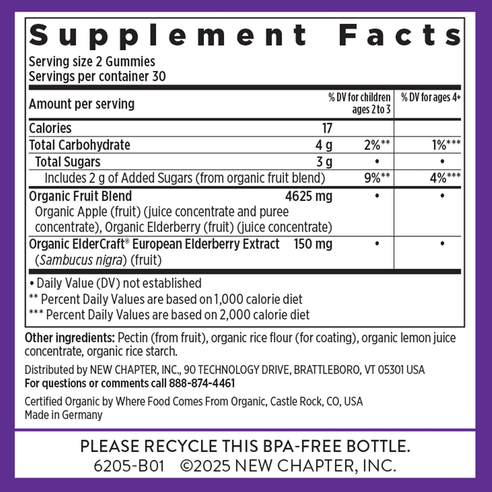 New Chapter Elderberry Gummies vegan and gluten-free seal on packaging