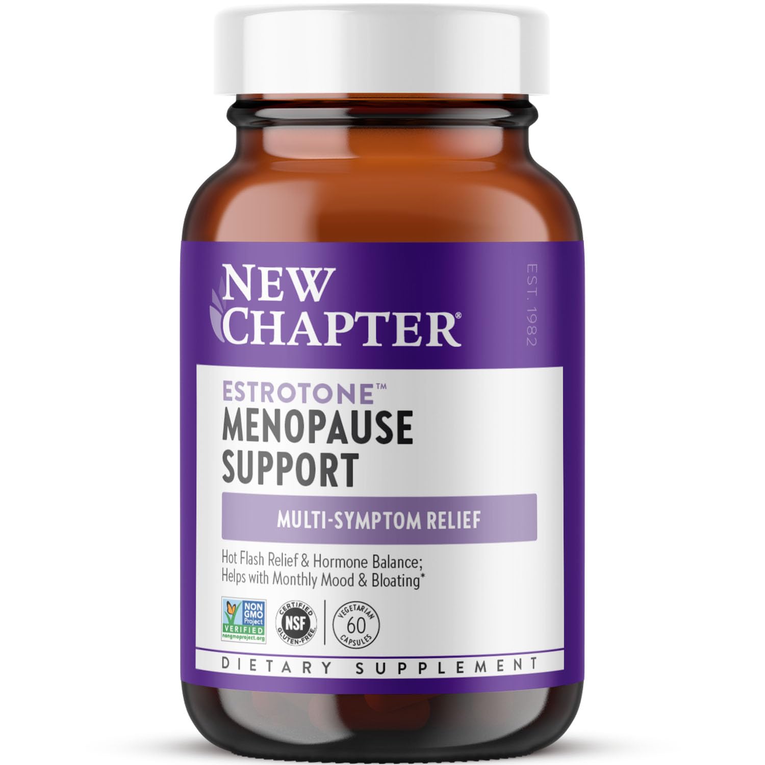 New Chapter Estrotone bottle label highlights herbal menopause support for hot flashes.
