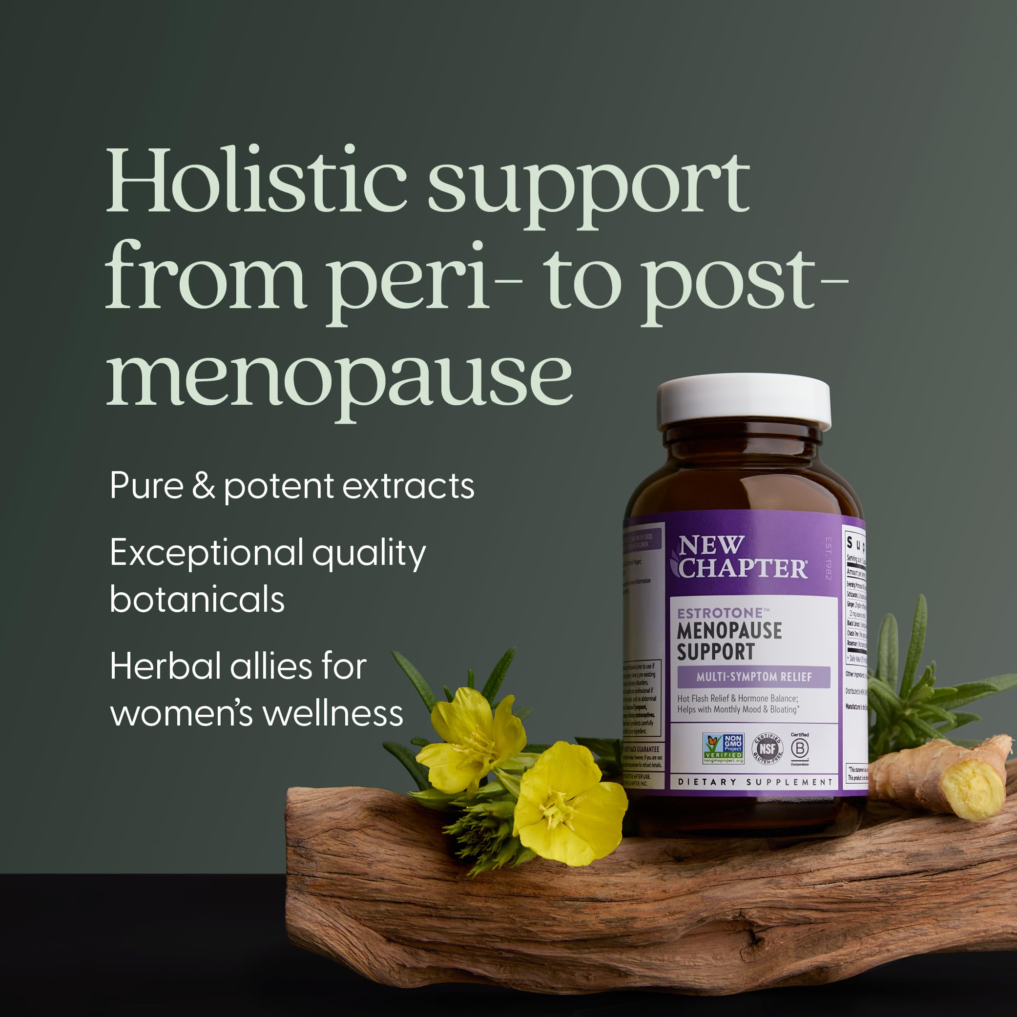 New Chapter Estrotone box communicates no added hormones for a clean formula.