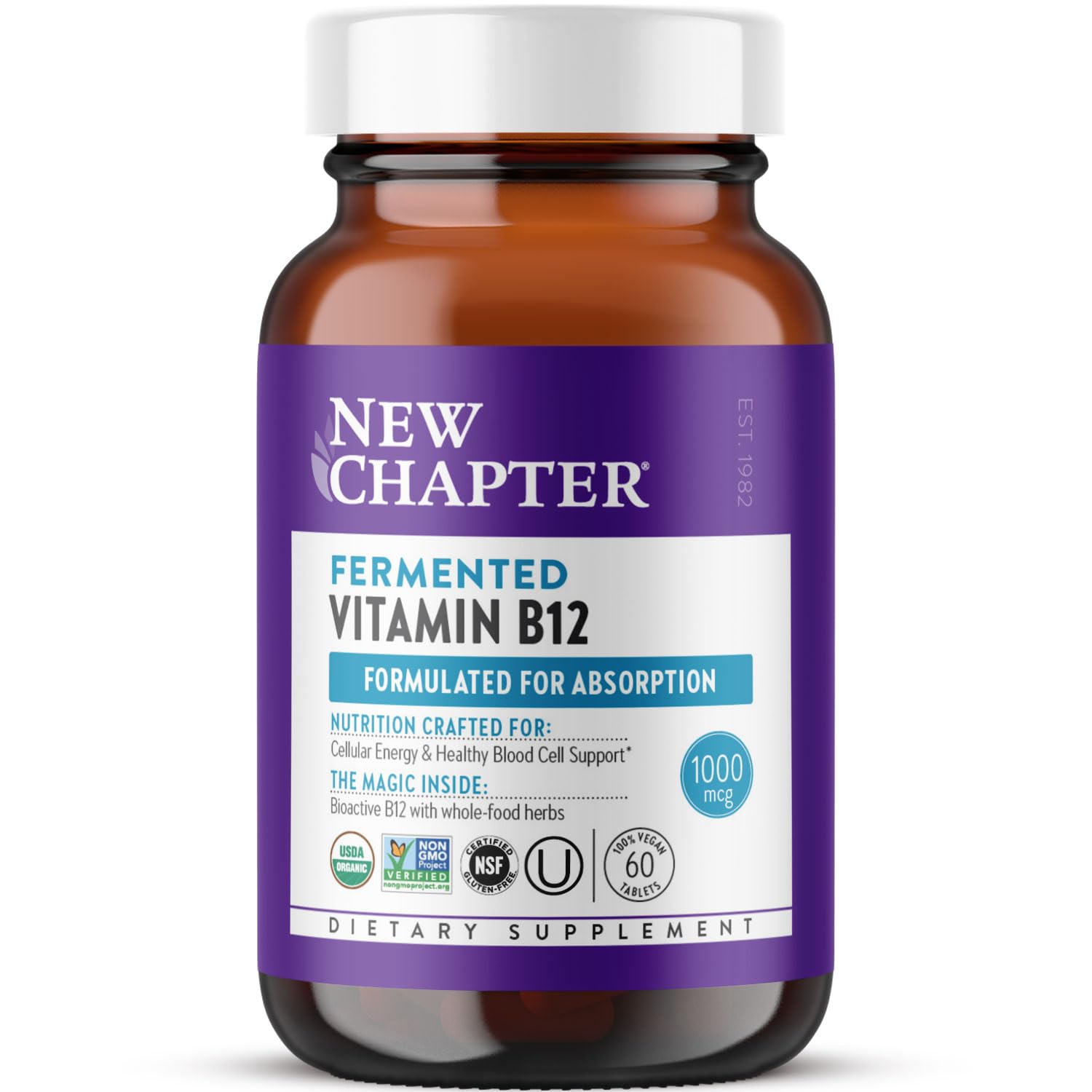 New Chapter Fermented Vitamin B12 bottle front shows vegan energy support