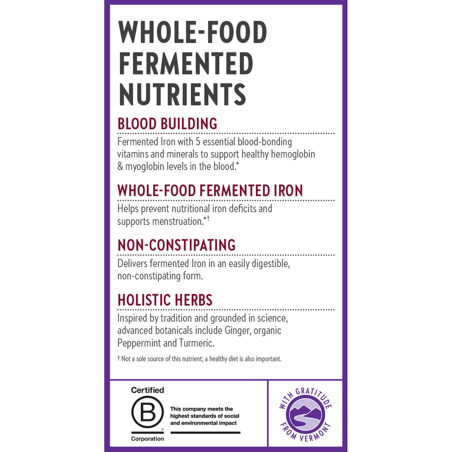 New Chapter iron bottle demonstrates vegetarian and kosher certifications for mindful sourcing