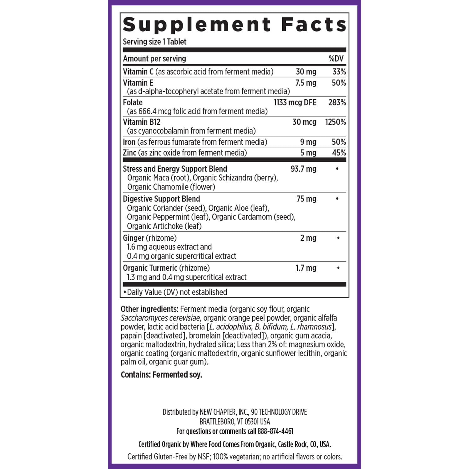 New Chapter iron packaging notes NSF gluten-free and non-GMO verification for quality