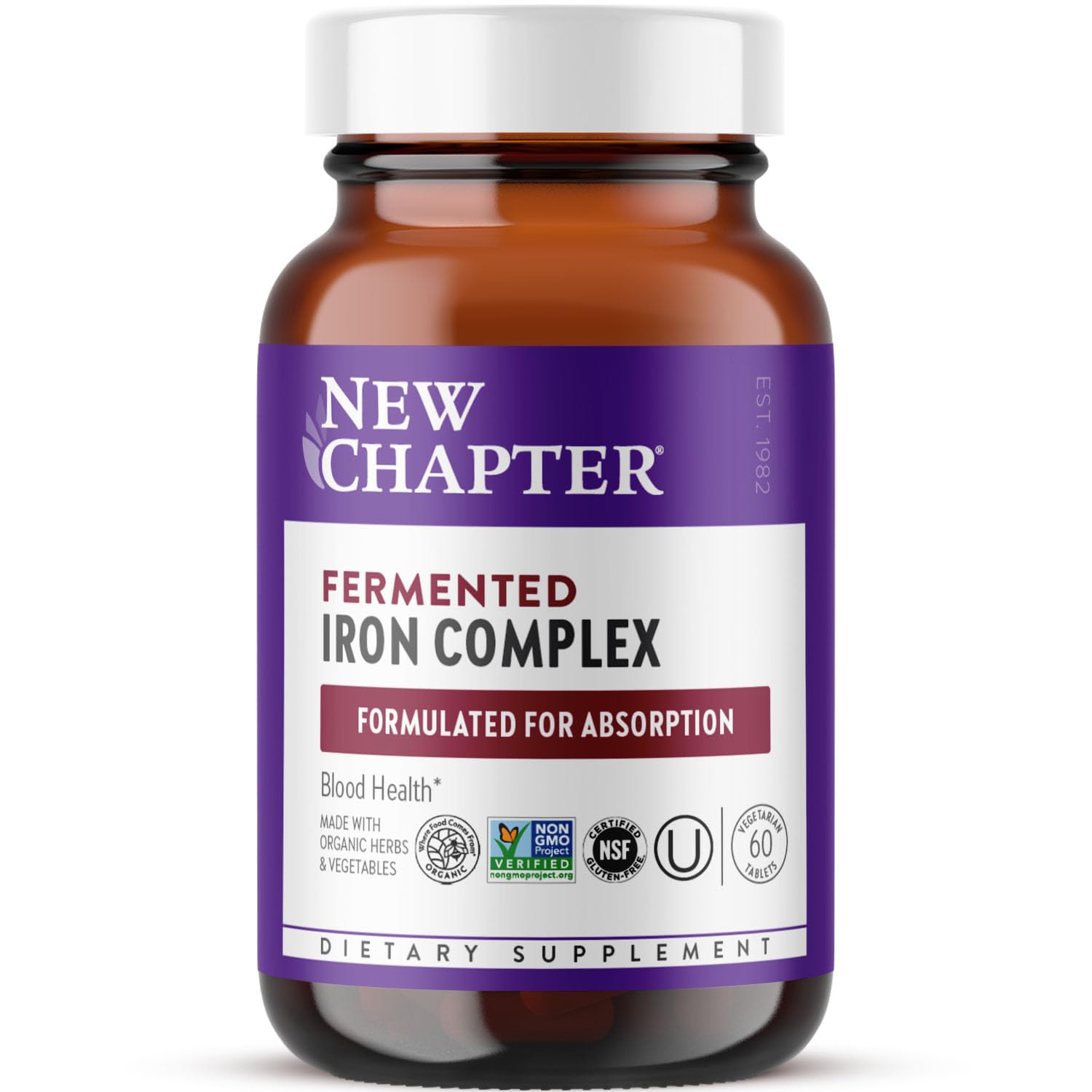 New Chapter Iron supplement bottle front showing daily energy support with gentle absorption