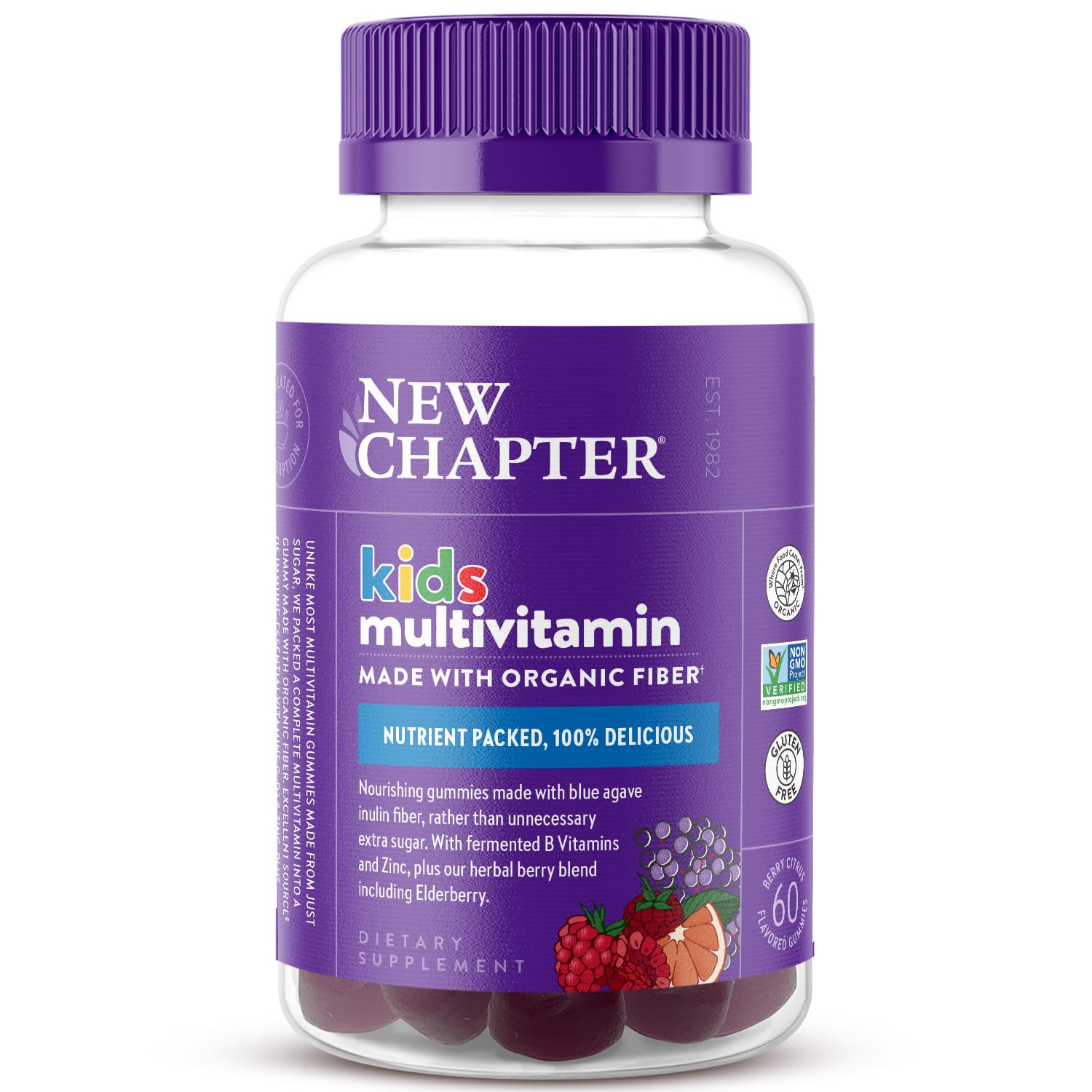 New Chapter Kids Multivitamin Gummies Berry-Citrus bottle front supports immune health with C, D3, and zinc.