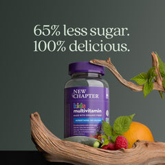 New Chapter Kids Multivitamin Gummies Berry-Citrus packaging closeup highlights flavor and non-GMO ingredients.