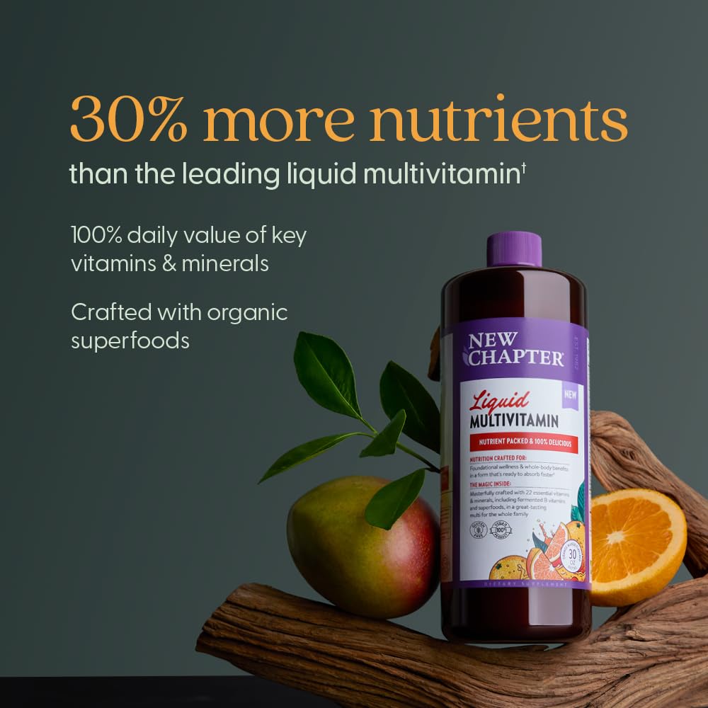 New Chapter bottle close-up showing 22 vitamins and minerals.