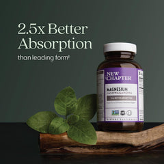 New Chapter magnesium-ashwagandha capsules closeup highlighting high absorption magnesium glycinate
