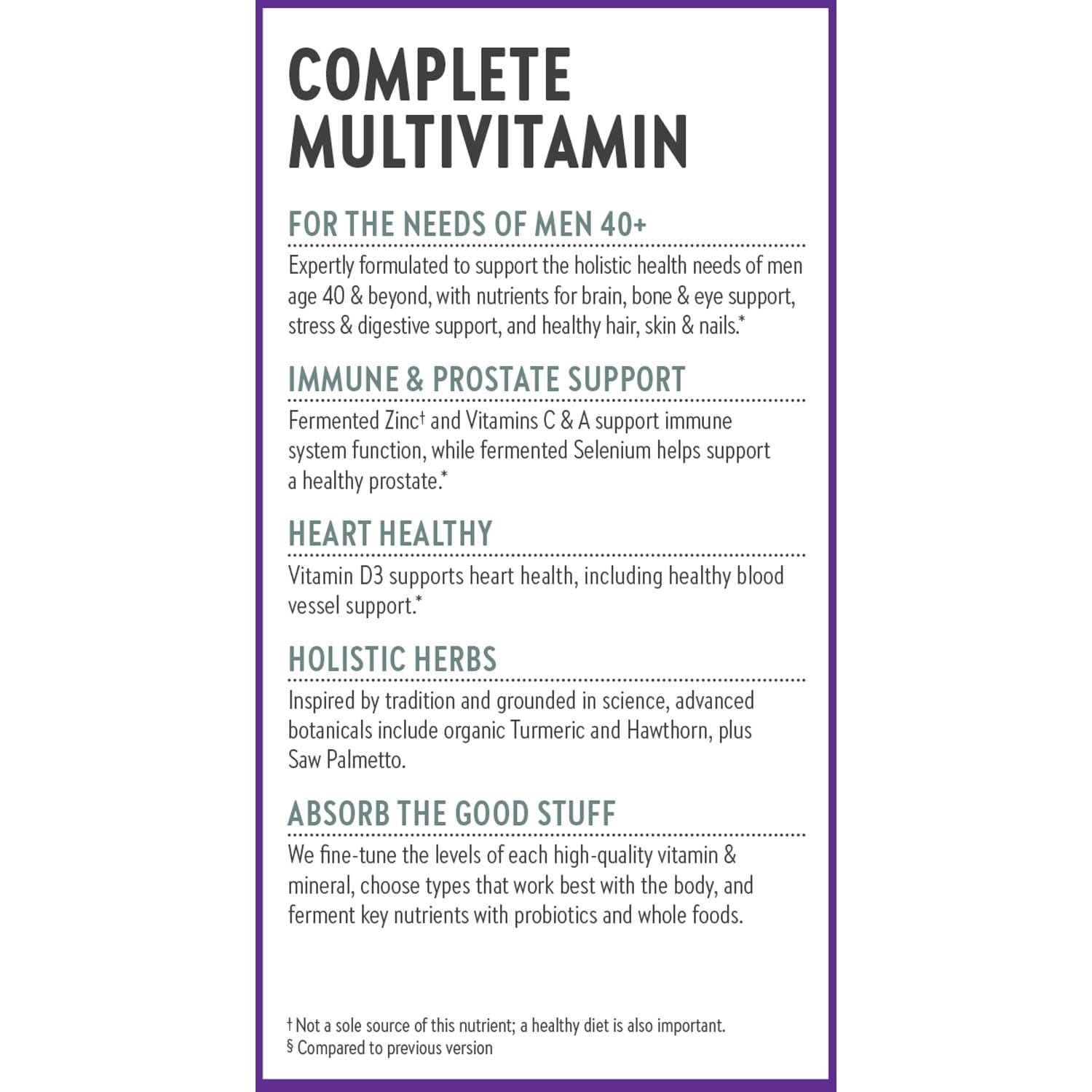 New Chapter Men’s Multivitamin 40+ label detail and organic herbs