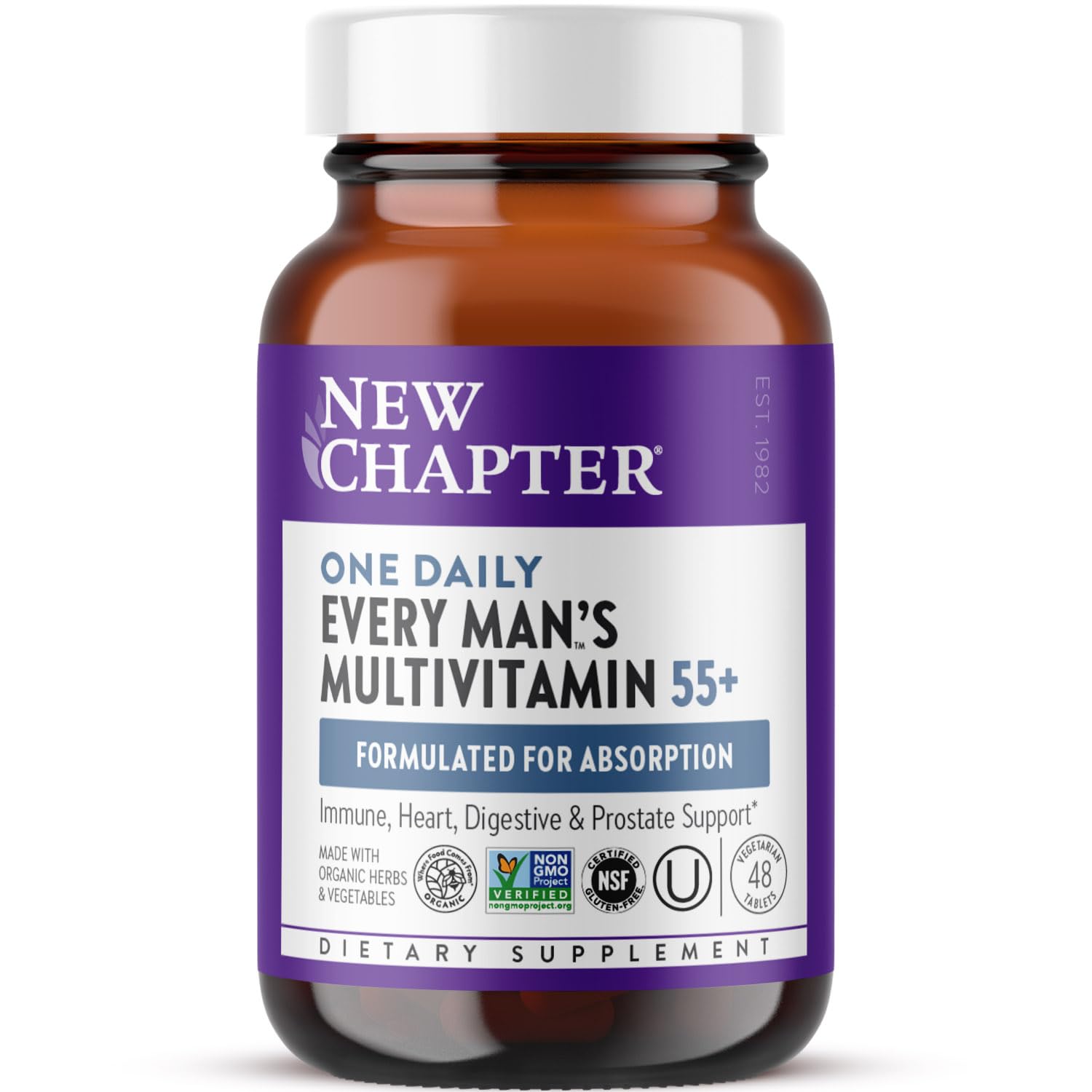 New Chapter Men’s Multivitamin 55+ bottle showing a comprehensive daily for immune and energy support.