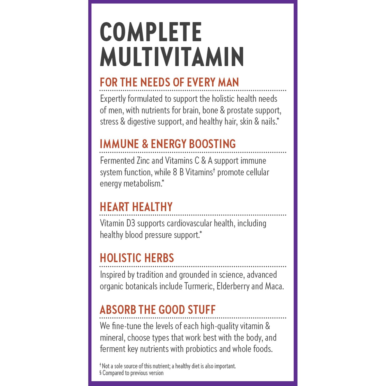 New Chapter Men’s Multivitamin bottle highlights herbal blends for stress support.