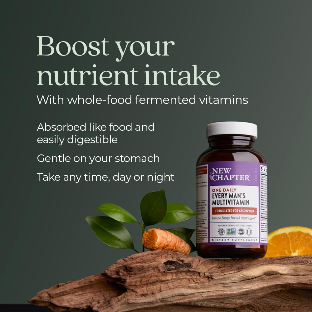New Chapter Men’s Multivitamin packaging shows gluten-free and non-GMO features.