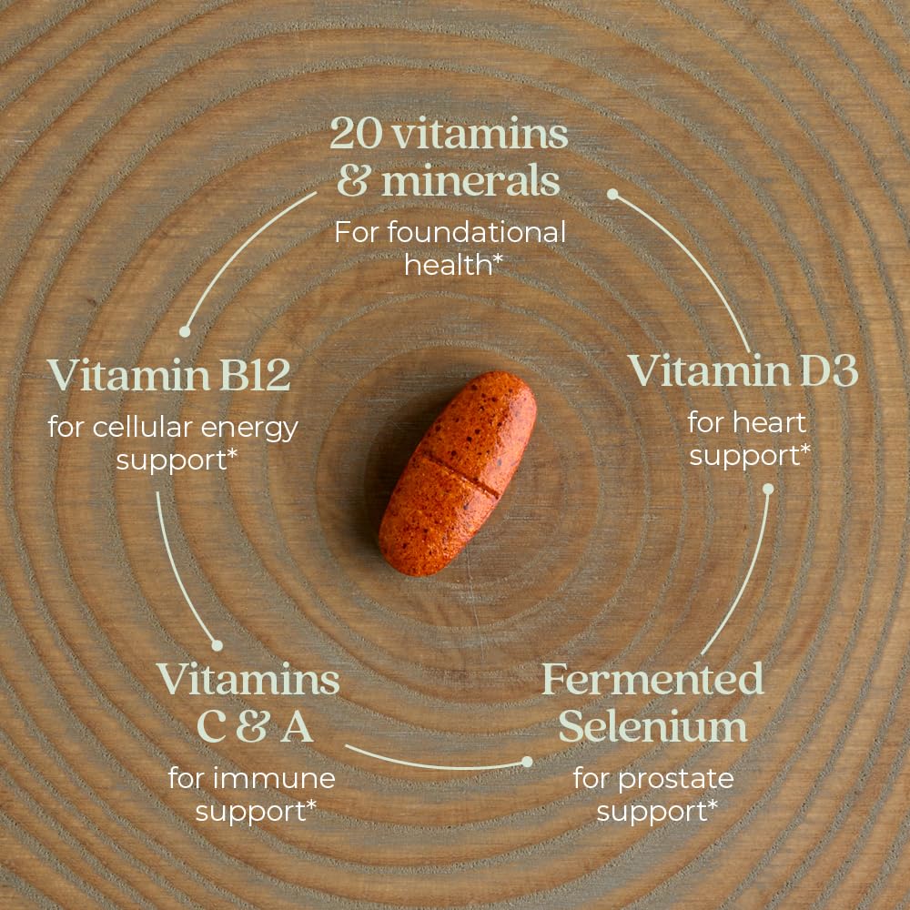 Fermented nutrients packaging highlights bioavailable nutrients for men 55+.