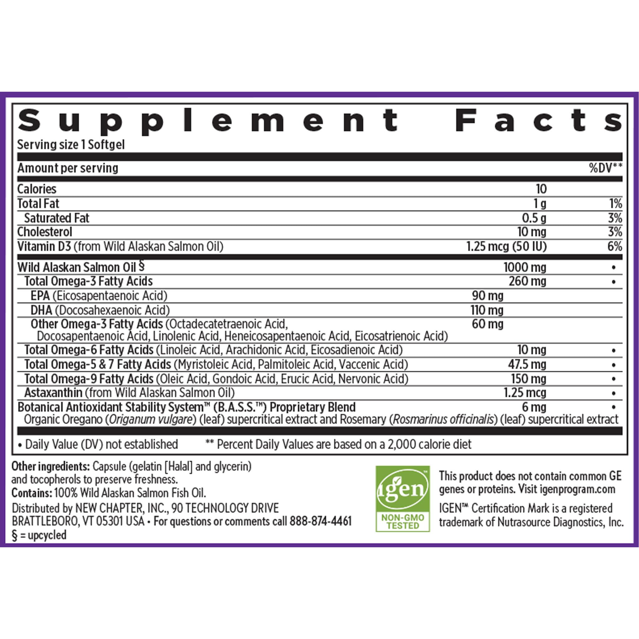 New Chapter Omega-3 Complex bottle with Vitamin D3 and astaxanthin visual.
