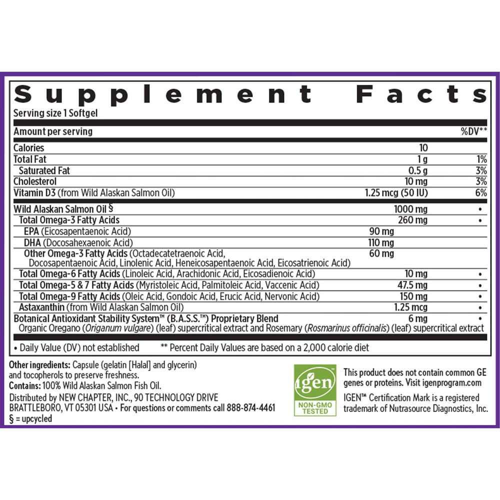 New Chapter Omega-3 Complex bottle with Vitamin D3 and astaxanthin visual.