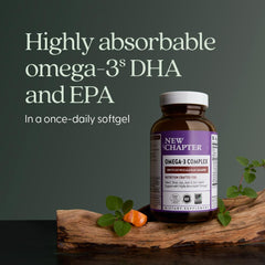 New Chapter Omega-3 Complex upcycled salmon trim icon signals sustainability.