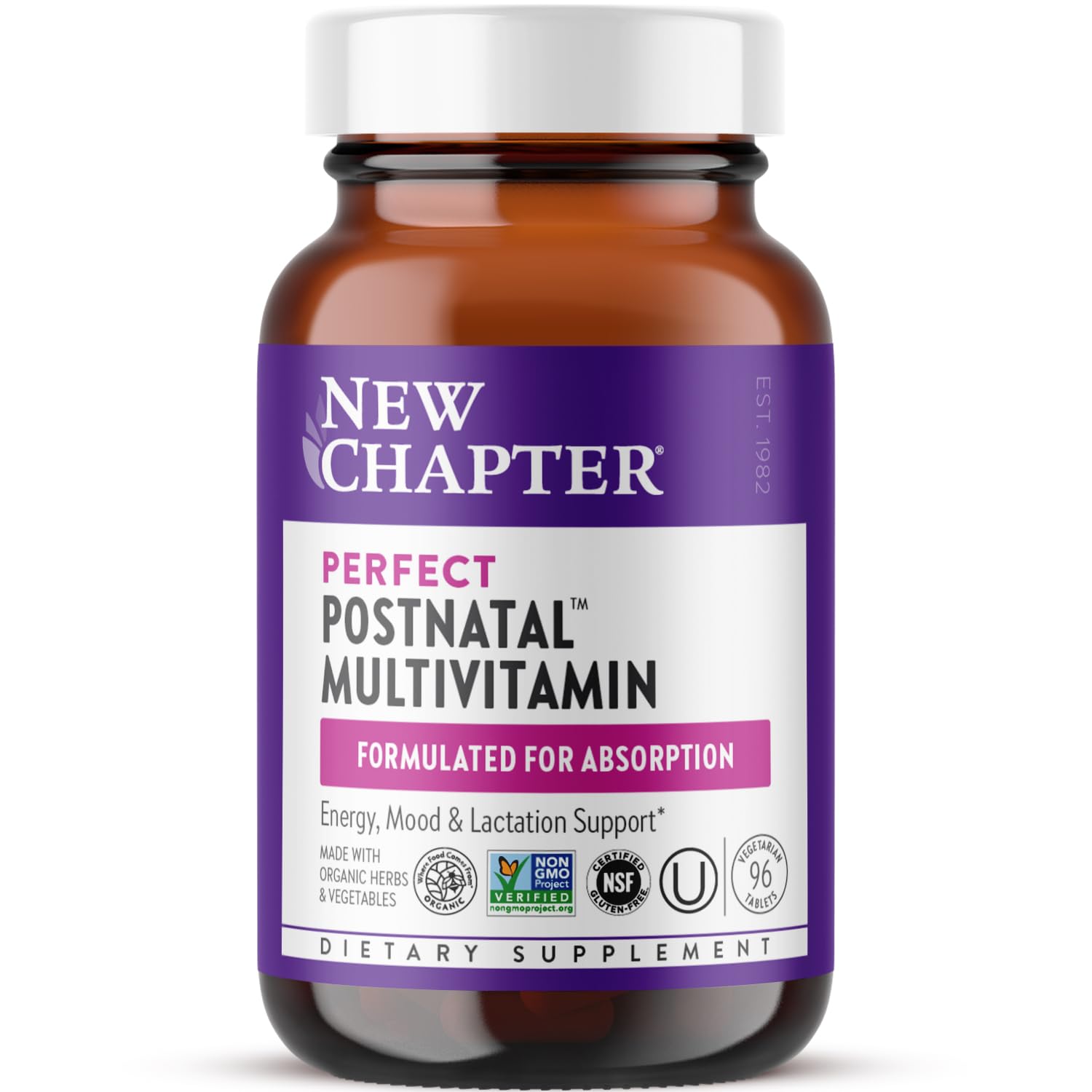 New Chapter postnatal vitamins bottle on counter for lactation support.