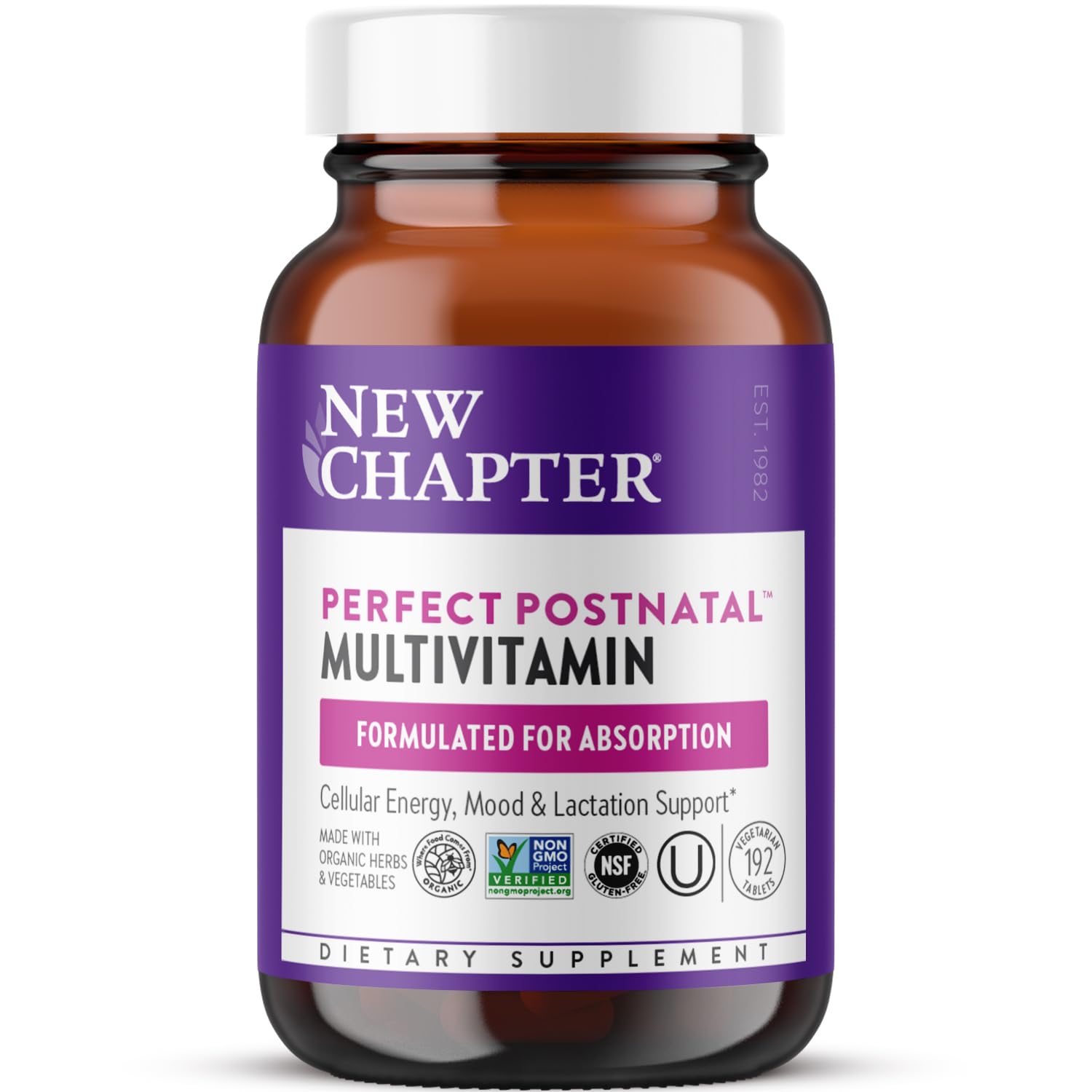 New Chapter postnatal vitamins bottle shown for daily lactation support.