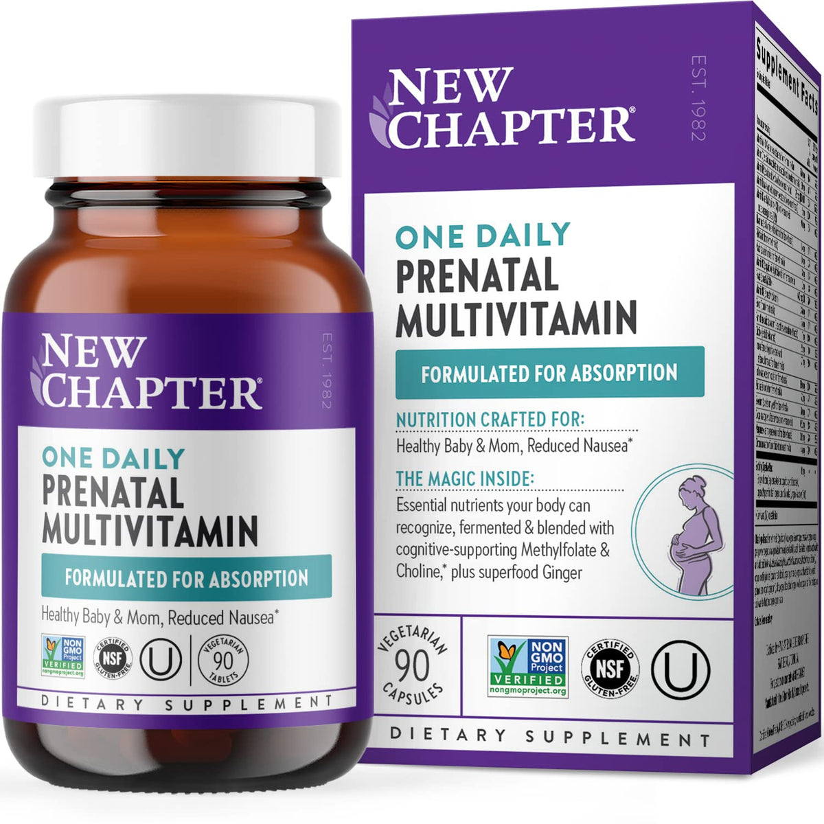 New Chapter Prenatal One Daily tablet bottle on a neutral counter, convenient for daily use.