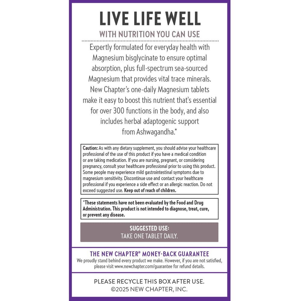 New Chapter sea-sourced magnesium supports balanced mineral intake.