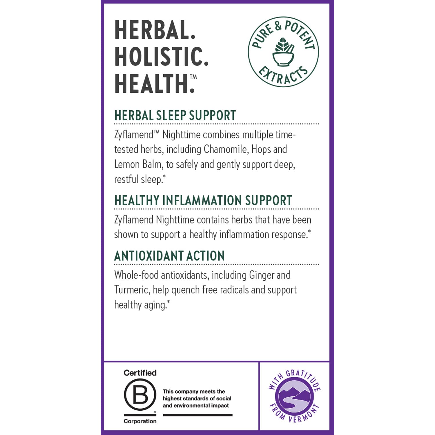 New Chapter Zyflamend Nighttime bottle label highlights whole-herb formulation