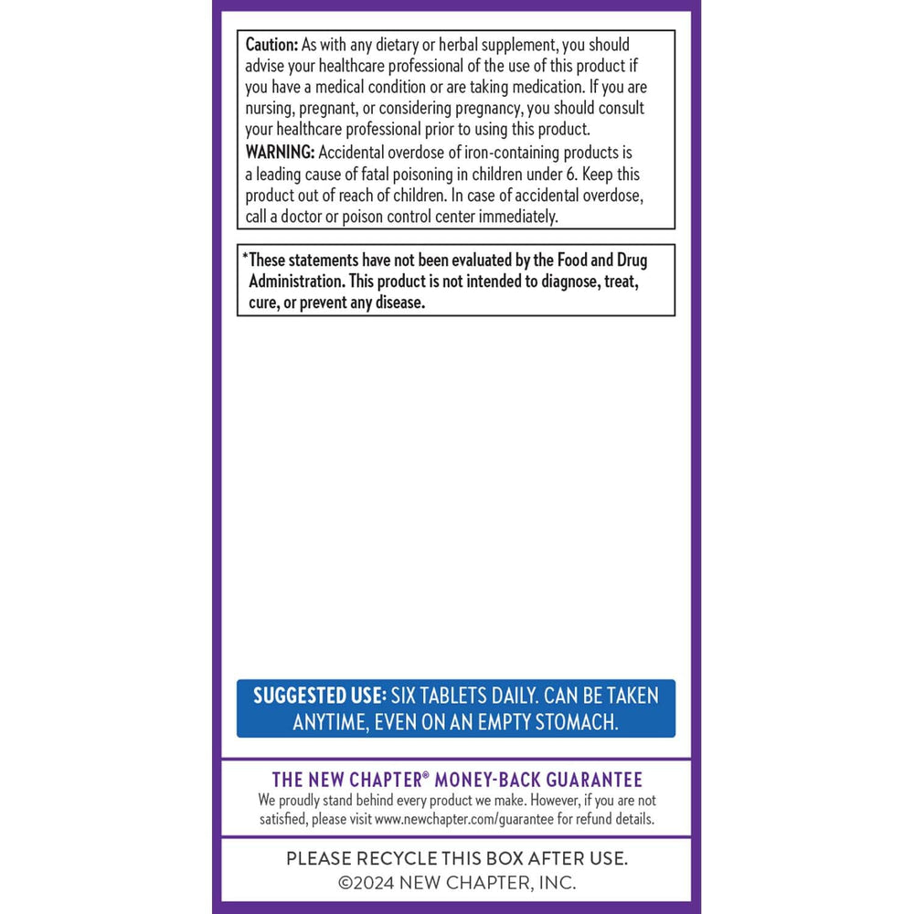 New Chapter Tiny Tabs kosher and gluten-free certifications displayed on packaging