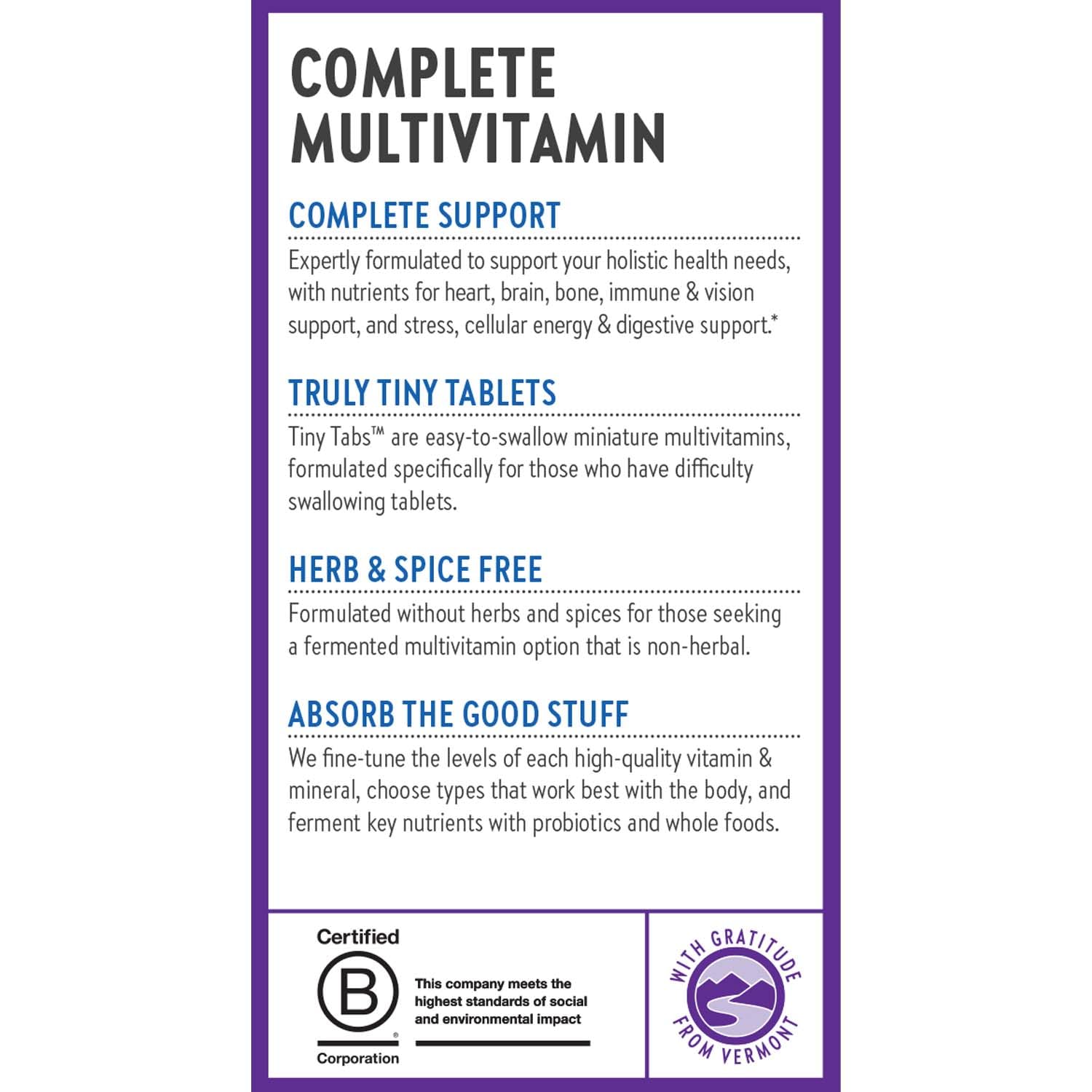 New Chapter Tiny Tabs non-herbal formula emphasis for sensitive stomach users