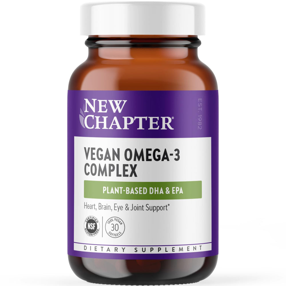 New Chapter vegan algae oil softgel bottle supports convenient daily omega-3 intake.