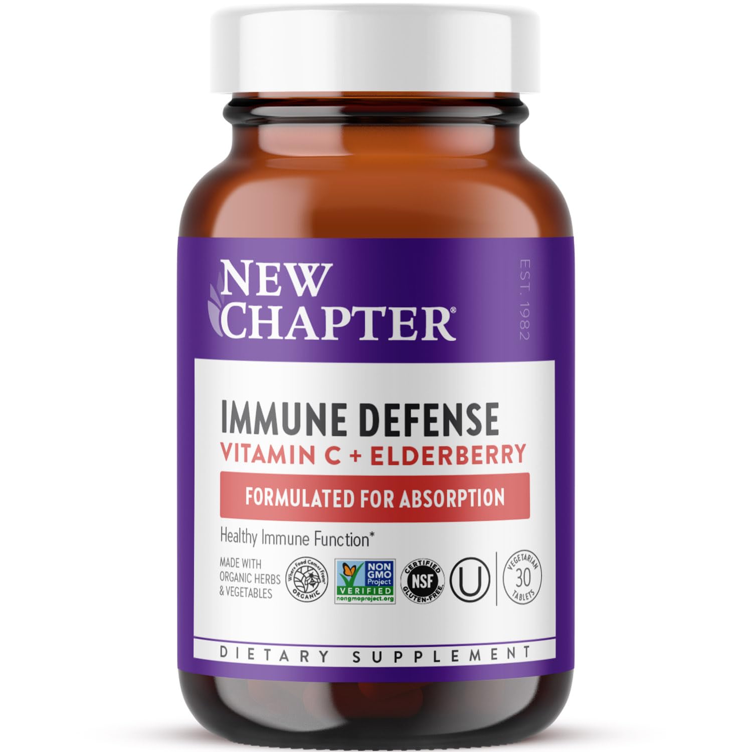 New Chapter Vitamin C Immune Defense bottle showing daily immune support with elderberry