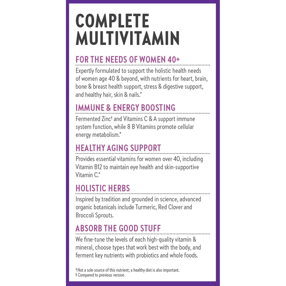 New Chapter Women's Multivitamin 40+ quality-tested, non-GMO, gluten-free assurance.