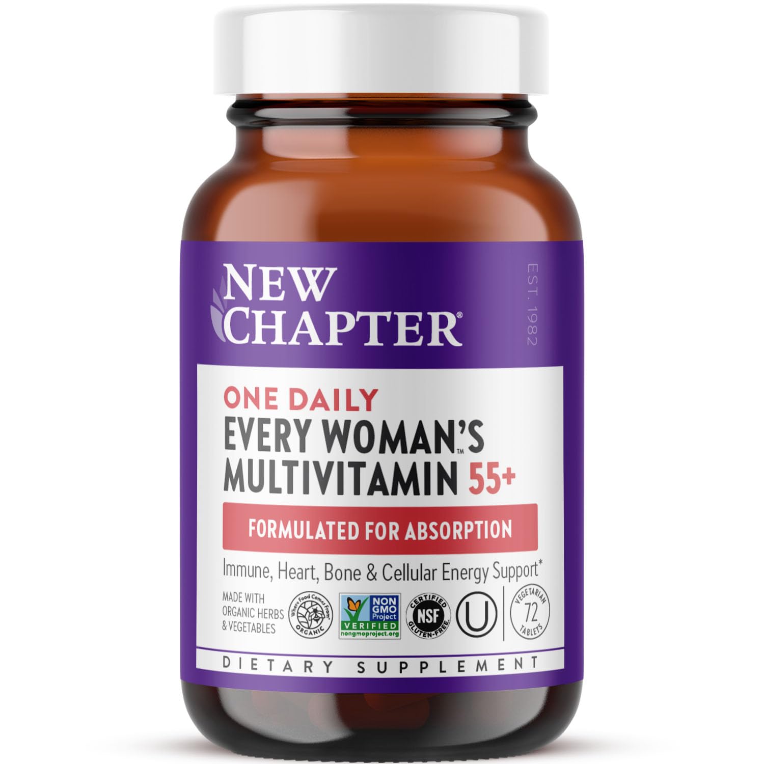 New Chapter Women’s Multivitamin 55+ bottle, gentle on the stomach, supports immune health.