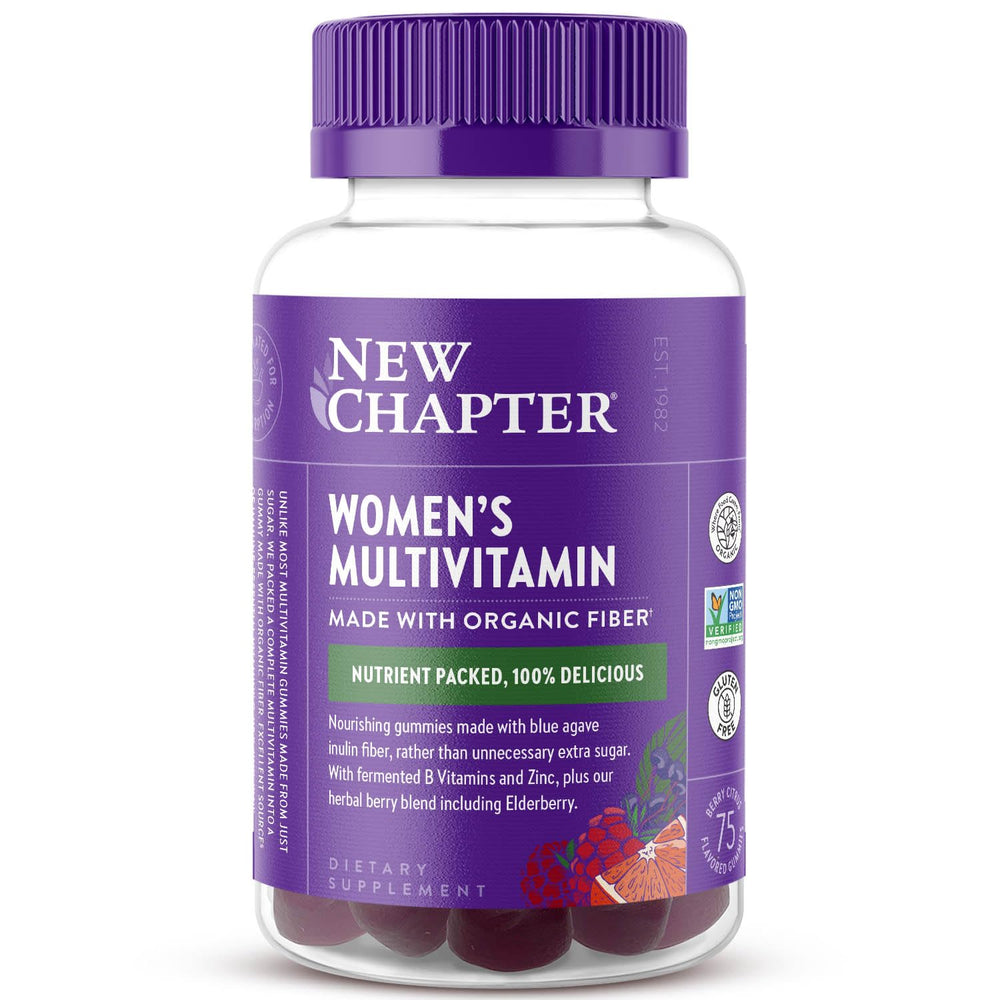 New Chapter Women’s Multivitamin Gummies bottle close-up highlighting berry-citrus flavor for daily wellness