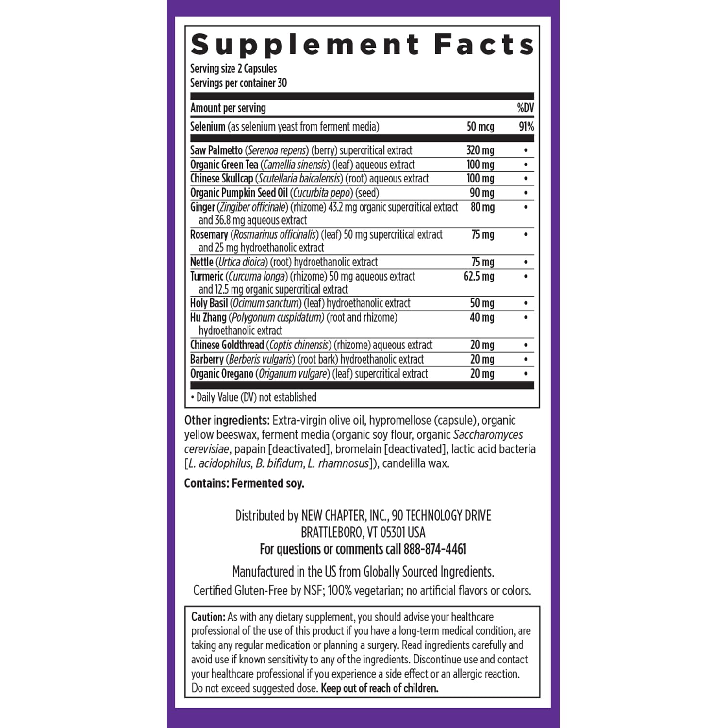 New Chapter Zyflamend Prostate non-GMO label on packaging signals clean ingredients.