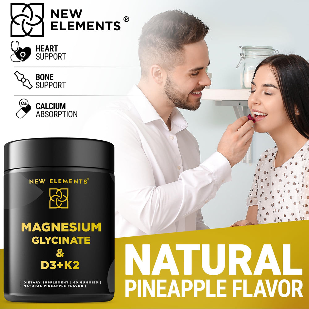 New Elements Calm Magnesium Gummies vitamin D3 and K2 focus for bone-friendly support.