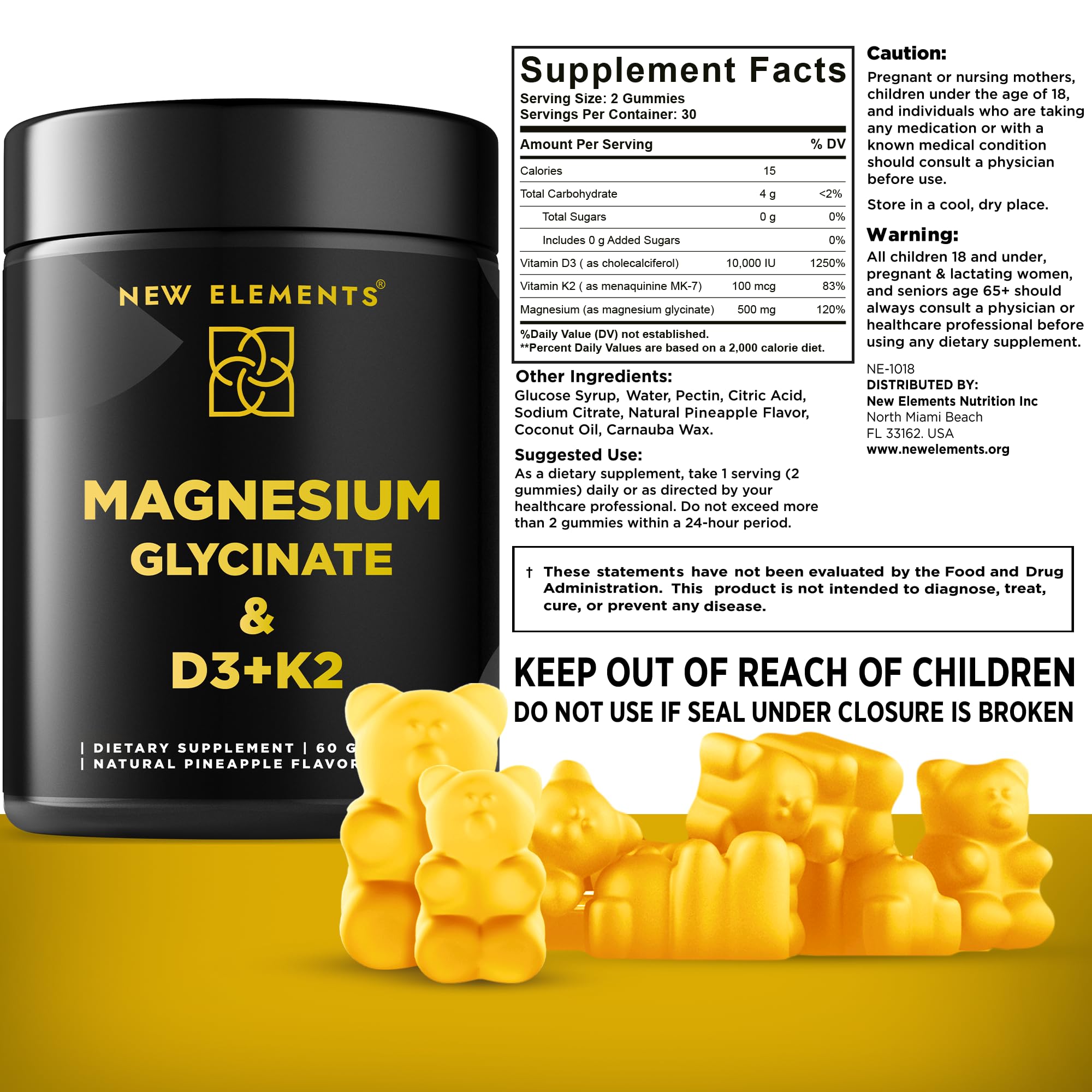 New Elements Calm Magnesium Gummies nutrition panel shown for informed daily supplementation.