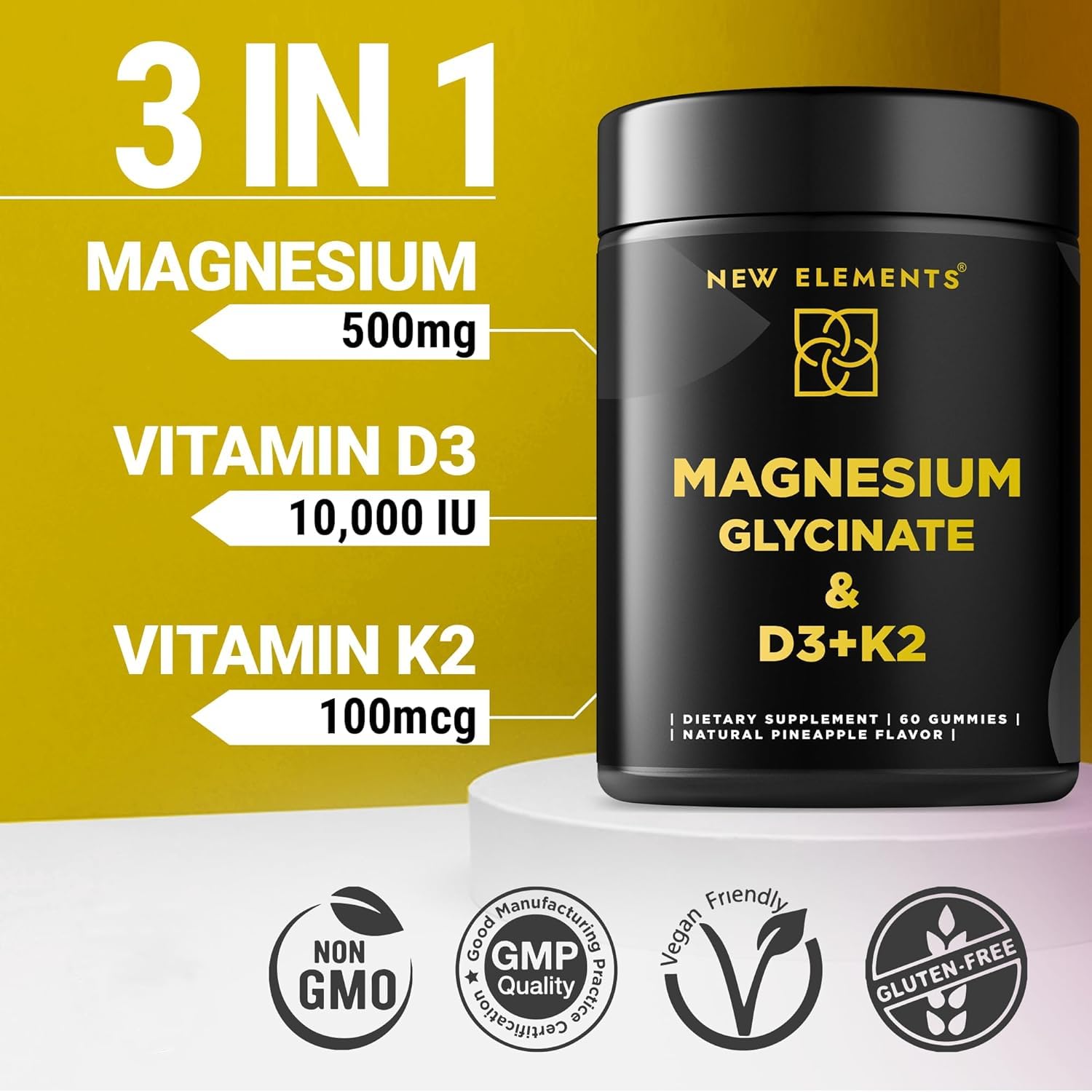 New Elements Calm Magnesium Gummies packaging front visible, emphasizing vegan and gluten-free lifestyle compatibility.