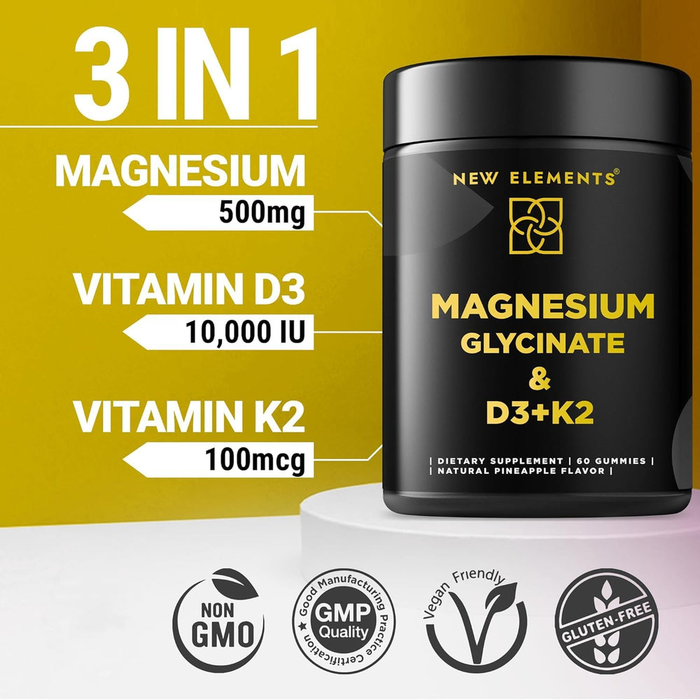New Elements Calm Magnesium Gummies packaging front visible, emphasizing vegan and gluten-free lifestyle compatibility.