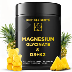 New Elements Calm Magnesium Gummies pineapple bottle shown, supporting relaxation and bone health.