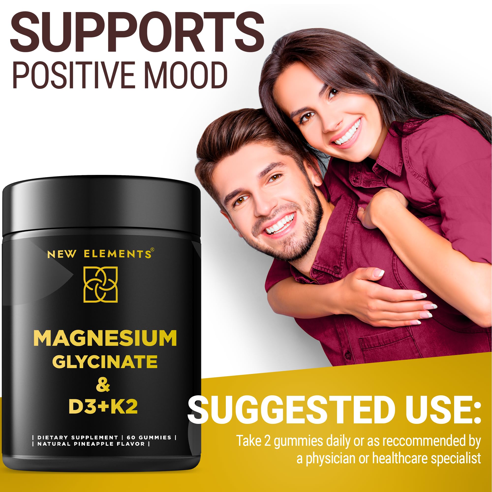 New Elements Calm Magnesium Gummies pineapple flavor image communicates tasty daily wellness routine.