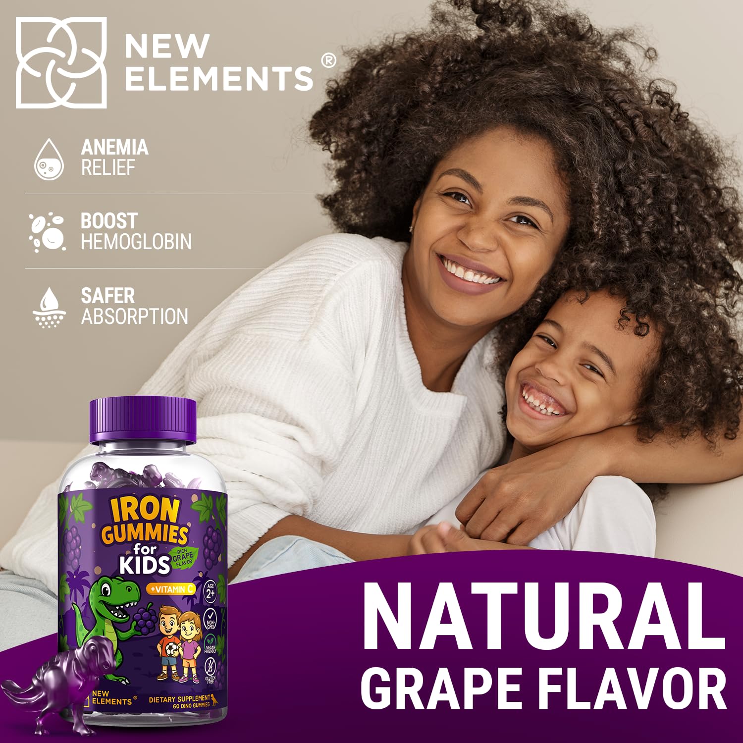 New Elements Iron Dinosaur Gummies ingredients-pectin close-up emphasizes vegan, gelatin-free formula.