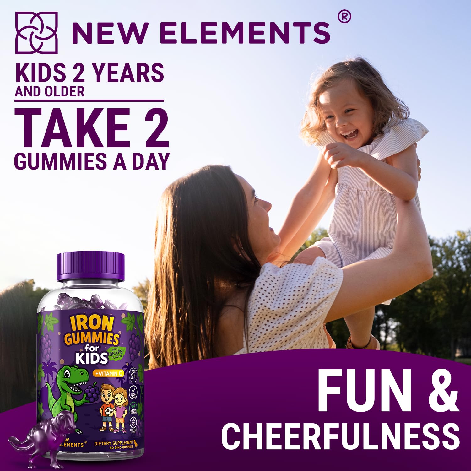 New Elements Iron Dinosaur Gummies nutrition-panel view highlights gluten-free and non-GMO attributes.