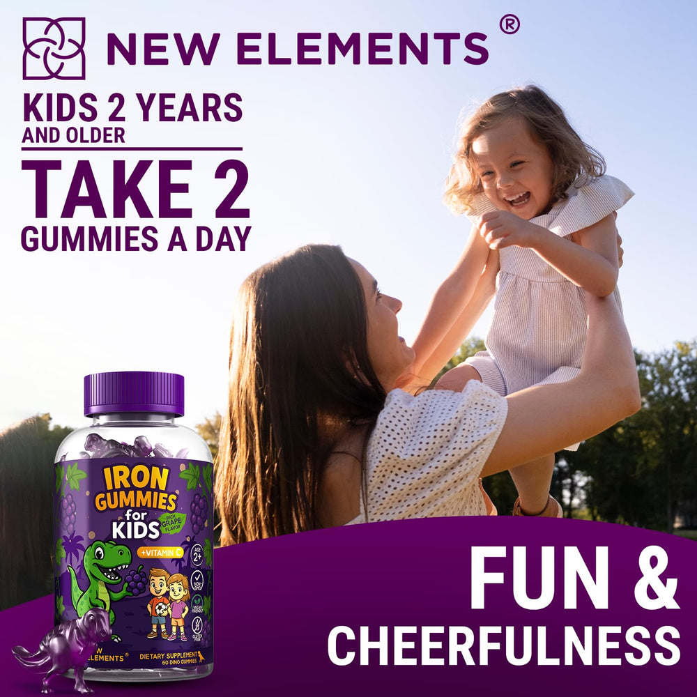New Elements Iron Dinosaur Gummies nutrition-panel view highlights gluten-free and non-GMO attributes.