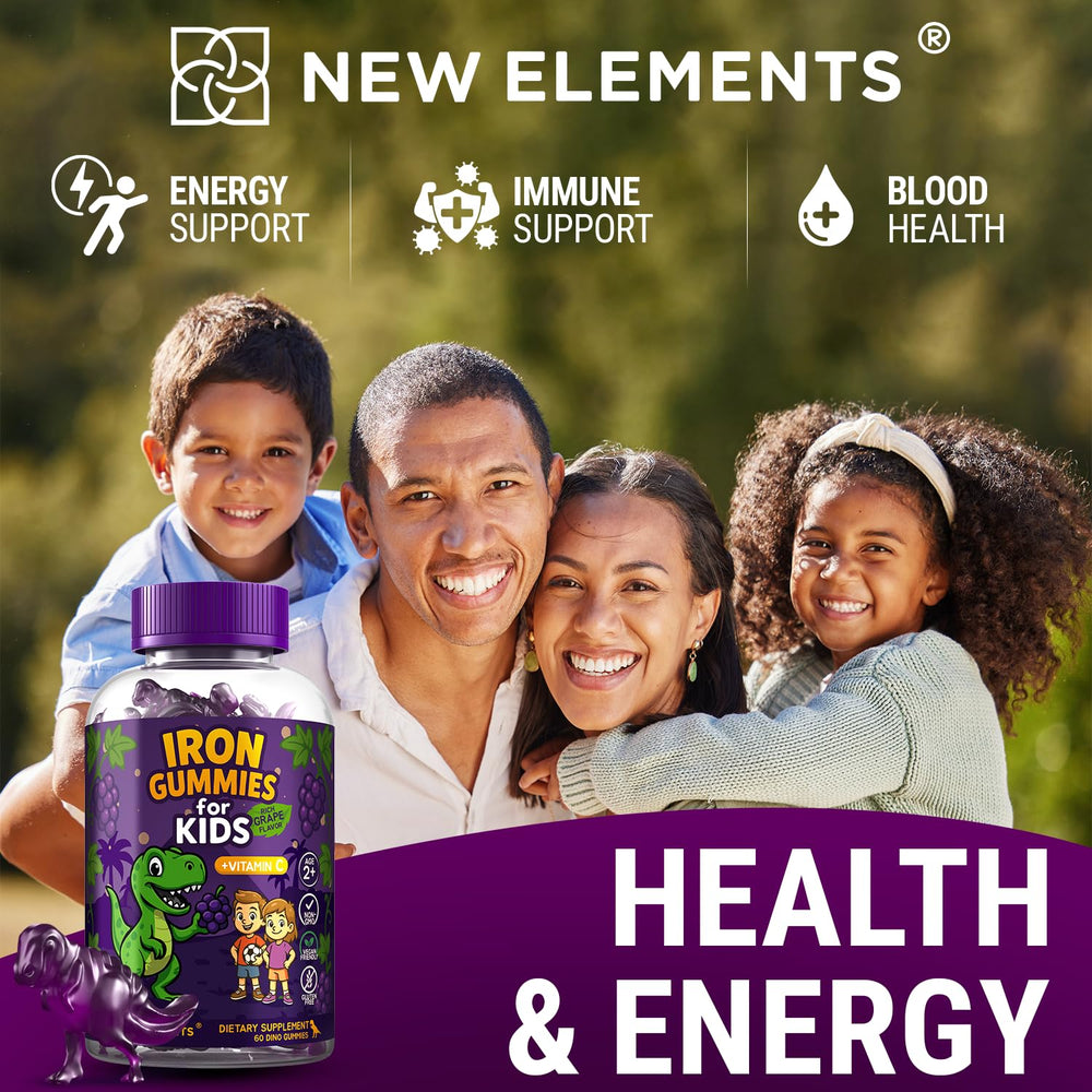 New Elements Iron Dinosaur Gummies vitamin-c panel focus suggests enhanced absorption potential.